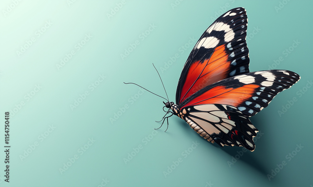 Fototapeta premium A vibrant butterfly with orange and black patterns resting on a teal surface, showcasing its delicate wings and intricate details.