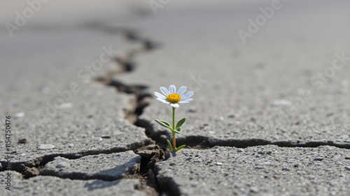 Resilience: A single daisy bravely pushes through a crack in the pavement, a testament to the enduring power of life and hope.