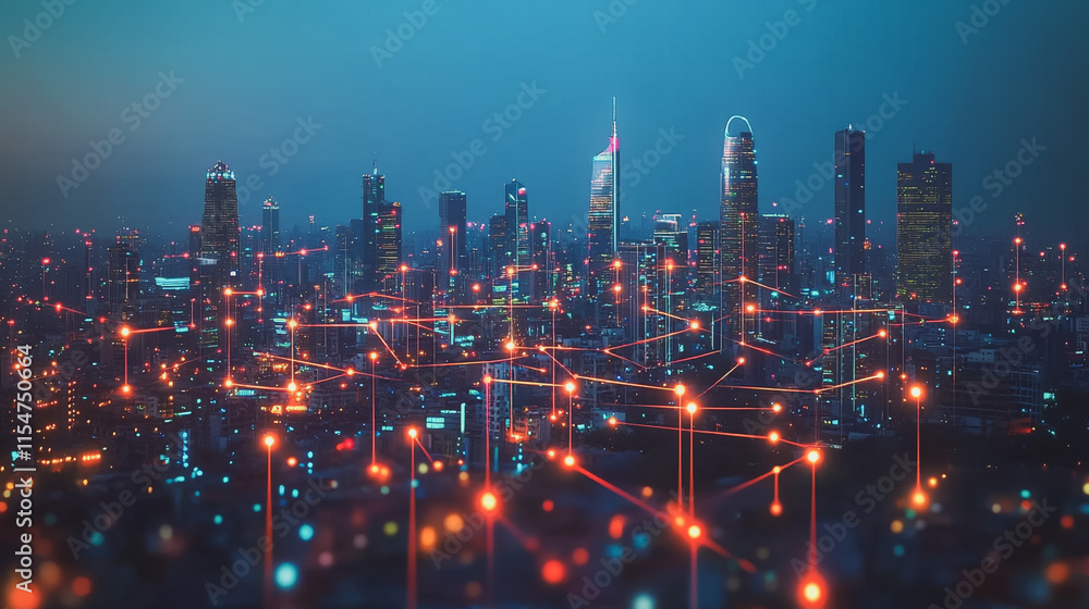 Fototapeta premium Smart digital Innovation city with connection network reciprocity over the cityscape. of future smart wireless city and social media networking systems that connects business people with in city
