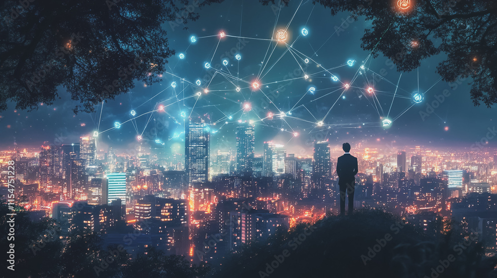 Smart digital Innovation city with connection network reciprocity over the cityscape. of future smart wireless city and social media networking systems that connects business people with in city Smart digital Innovation city with connection network reciprocity over the cityscape. of future smart wireless city and social media networking systems that connects business people with in city