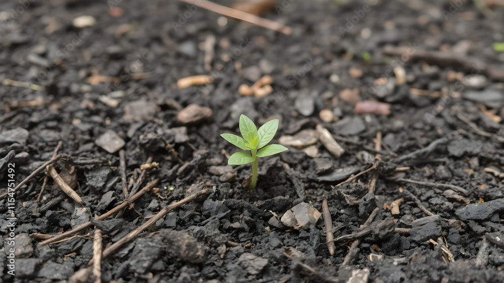 Resilience: A small green sprout emerges from charred earth, symbolizing hope, renewal, and the indomitable spirit of life. Resilience: A small green sprout emerges from charred earth, symbolizing hope, renewal, and the indomitable spirit of life.