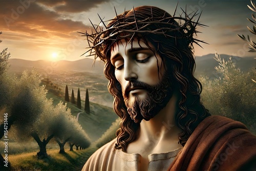 Hyper detail 4k image of Jesus Christ with crown of thorns with blood and peaceful facial expression