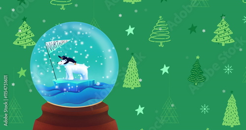 Snow globe with polar bear and north pole sign over christmas trees and stars on green background