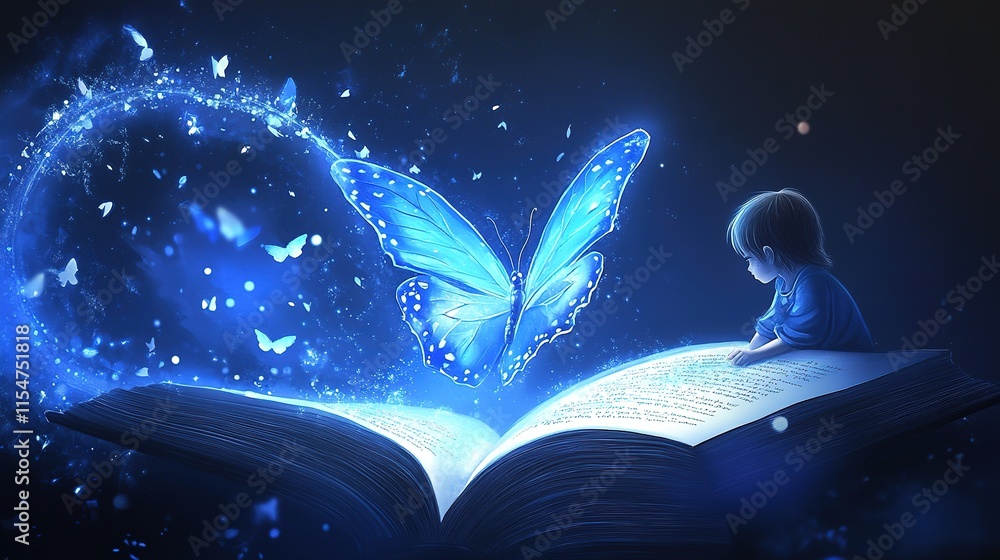 Naklejka premium Enchanting Anime-Style 2D Illustration: A Blue Butterfly Emerges from a Cone of Light onto an Open Magic Book, Captivating a Small Child's Wonder
