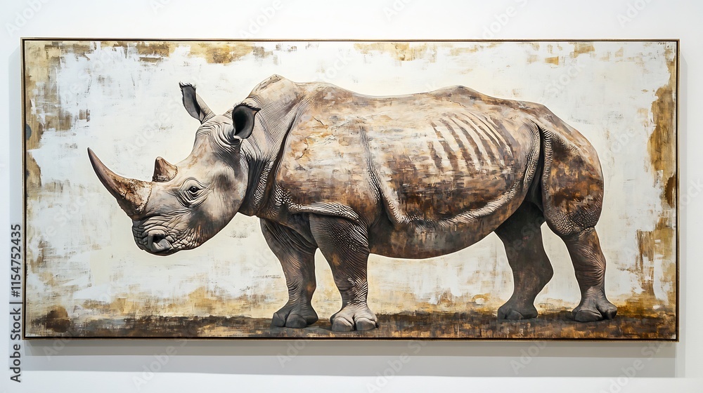 Fototapeta premium Majestic Rhino in Textured Canvas Art: A Powerful Wildlife Painting