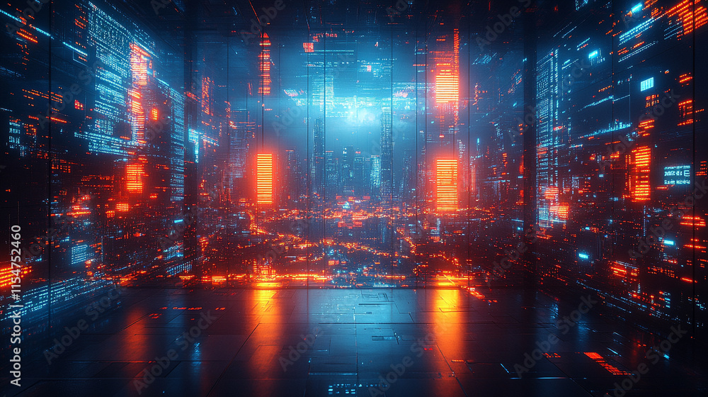 Modern neon cyberpunk open space office with blurred technology overlay, representing corporate strategy and teamwork in finance, operations, and marketing with computers and work tables in a high-tec