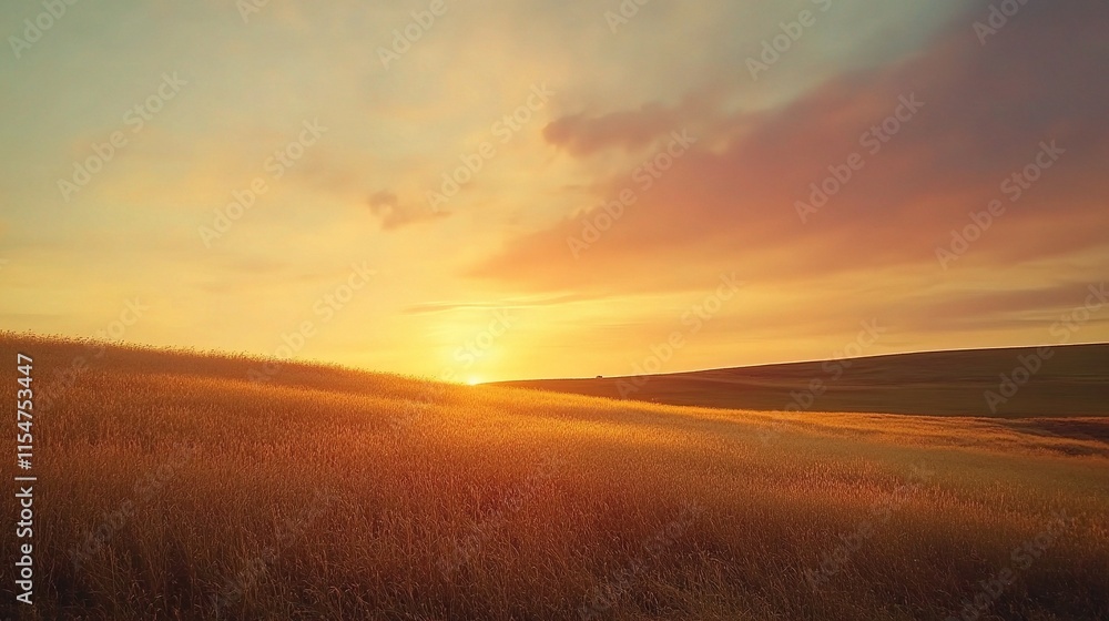 Obraz premium Serene Sunset Over Golden Fields in Peaceful Countryside Landscape