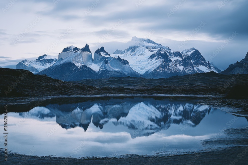 Serene mountain landscape reflected in a calm lake under a cloudy sky. Serene mountain landscape reflected in a calm lake under a cloudy sky.
