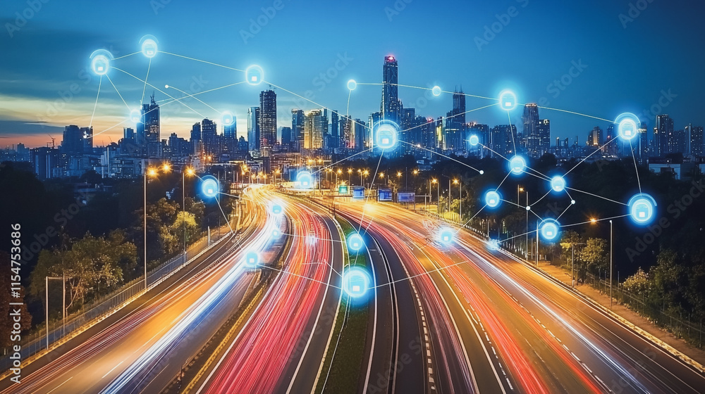 Smart digital Innovation city with connection network reciprocity over the cityscape. of future smart wireless city and social media networking systems that connects business people with in city Smart digital Innovation city with connection network reciprocity over the cityscape. of future smart wireless city and social media networking systems that connects business people with in city