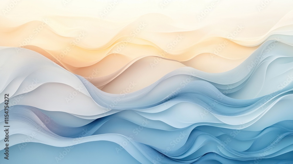 Fototapeta premium [Abstract digital artwork with blending sky and water elements] Soft Blue Waves in Digital Artwork with Sky Gradient and Natural Calmness
