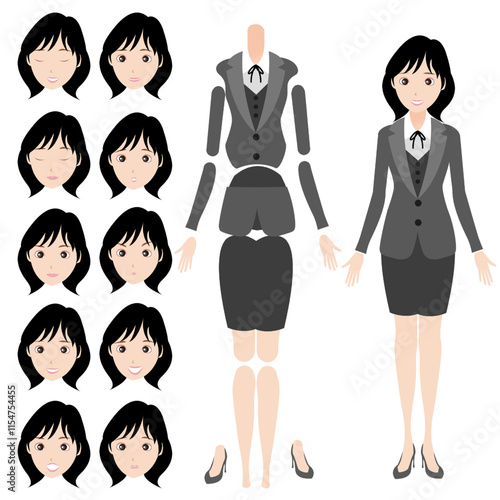 【シンプルな人物イラストセット 全身 受付風の女性01】　キャラクターは各パーツがレイヤーで構成されていて自由にポーズを付けることができます。また、表情も10パターンあり口を動かしたり瞬きすることもできます。A set of face, arm and body parts that can be used for animation and illustrations. DIY kit