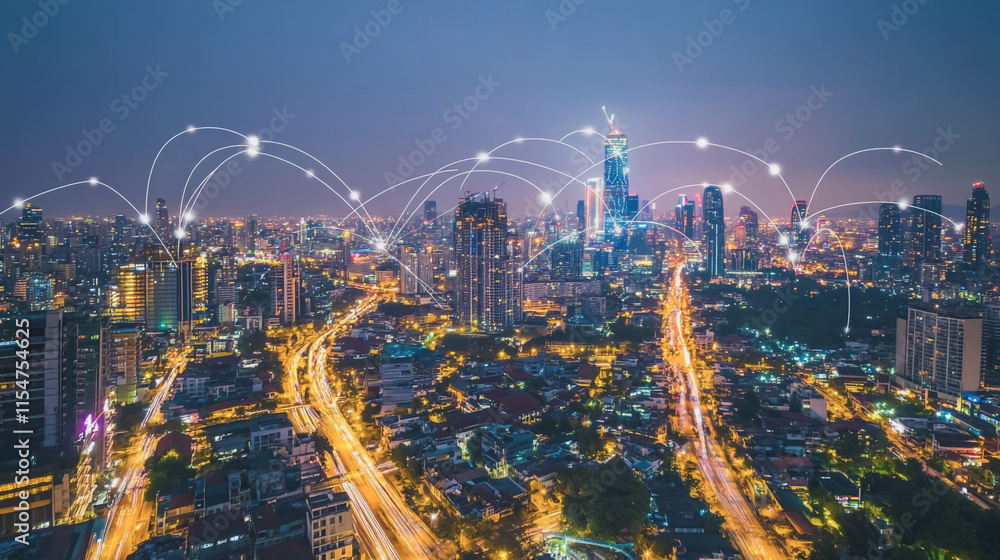 Fototapeta premium Smart digital Innovation city with connection network reciprocity over the cityscape. of future smart wireless city and social media networking systems that connects business people with in city
