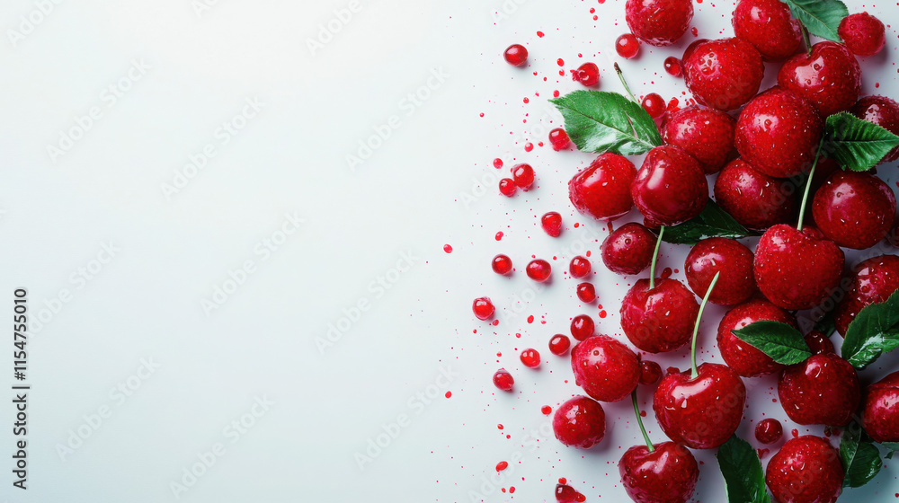 Fresh cherries with leaves and water droplets on a white background. Fresh cherries with leaves and water droplets on a white background.