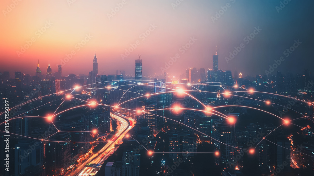 Smart digital Innovation city with connection network reciprocity over the cityscape. of future smart wireless city and social media networking systems that connects business people with in city Smart digital Innovation city with connection network reciprocity over the cityscape. of future smart wireless city and social media networking systems that connects business people with in city