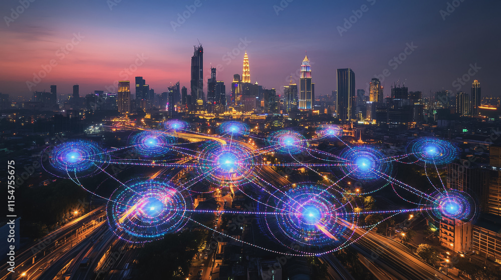 Fototapeta premium Smart digital Innovation city with connection network reciprocity over the cityscape. of future smart wireless city and social media networking systems that connects business people with in city