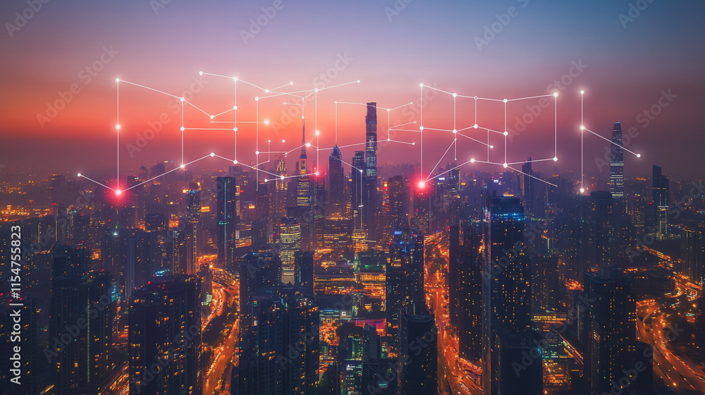 Fototapeta premium Smart digital Innovation city with connection network reciprocity over the cityscape. of future smart wireless city and social media networking systems that connects business people with in city