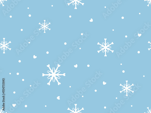 Winter seamless pattern with snowflakes and heart shape snow on blue sky background vector.