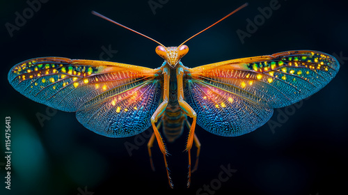 Pseudocreobotra Wahlbergi, or the spiny flower mantis with glowing wings on a dark background photo