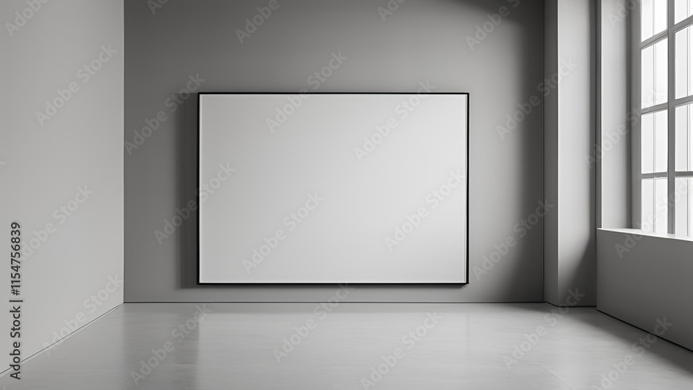 The design emphasizes minimalism with a sleek, light grey hall that remains empty, alongside a mock-up wall to enhance the aesthetic