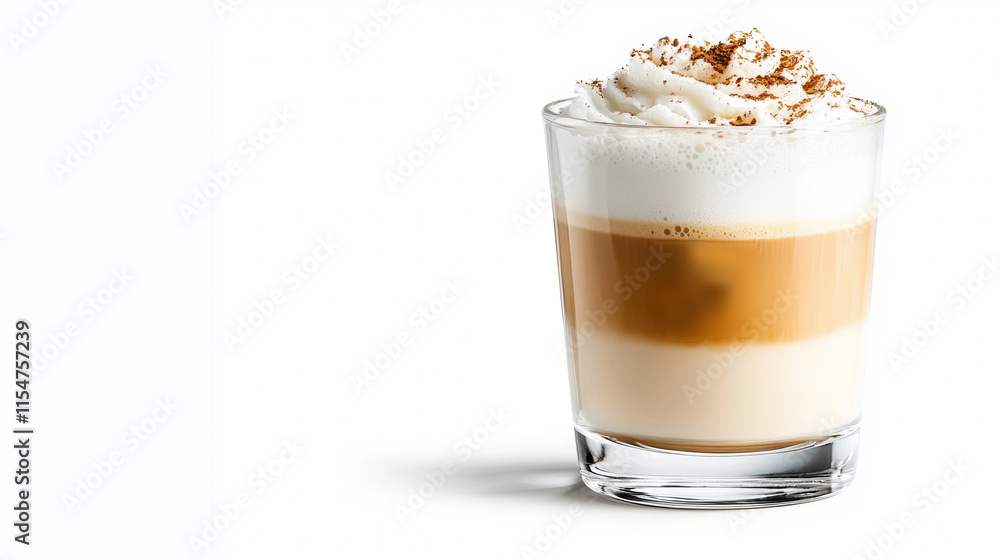 clear glass mug filled with layered latte, topped with creamy foam and sprinkle of cinnamon, evokes warmth and comfort. Perfect for coffee lovers clear glass mug filled with layered latte, topped with creamy foam and sprinkle of cinnamon, evokes warmth and comfort. Perfect for coffee lovers