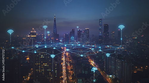 Wallpaper Mural Smart digital Innovation city with connection network reciprocity over the cityscape. of future smart wireless city and social media networking systems that connects business people with in city Torontodigital.ca