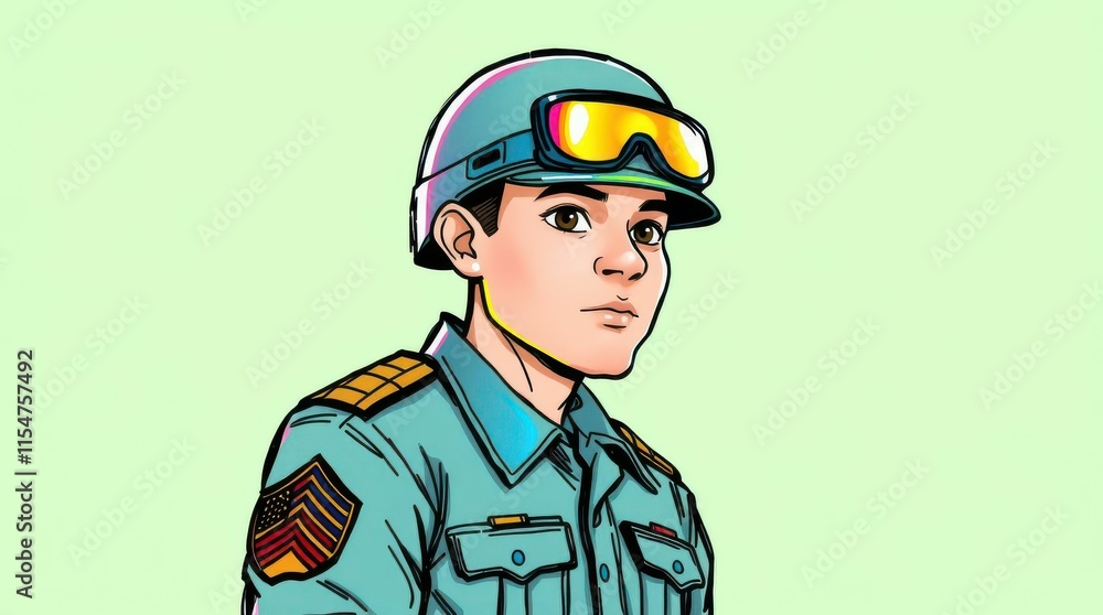 Fototapeta premium A young soldier in a casual uniform, showcasing resilience and adaptability, suitable for modern military contexts.