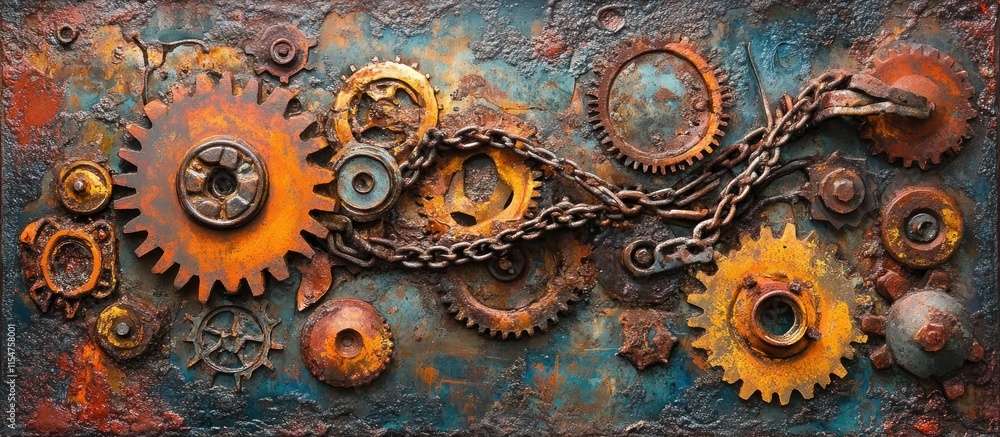 A vibrant composition of discarded iron, showing gears, chains, and bolts with varying levels of corrosion A vibrant composition of discarded iron, showing gears, chains, and bolts with varying levels of corrosion