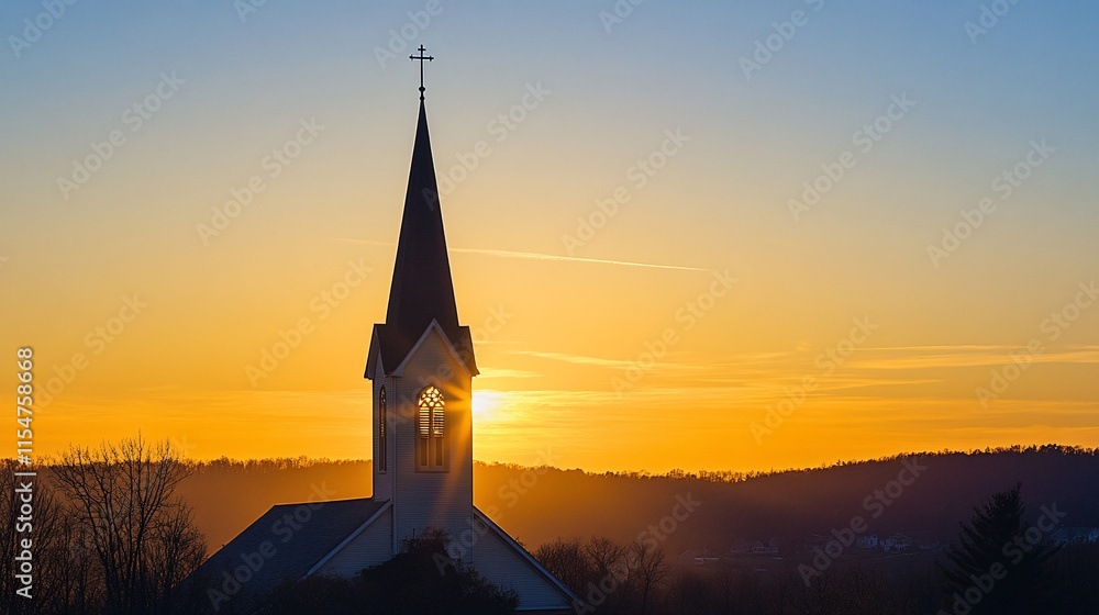 Obraz premium Majestic Sunset Behind a Church Steeple with Clear Sky and Trees