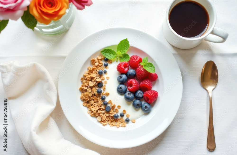 A beautiful breakfast with yogurt, granola, raspberries, and blueberries, garnished with mint leaves on a white plate. A beautiful breakfast with yogurt, granola, raspberries, and blueberries, garnished with mint leaves on a white plate.