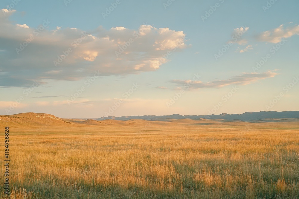 Obraz premium A serene landscape featuring golden grasslands under a blue sky with soft clouds.