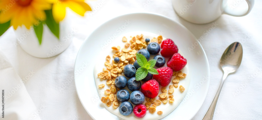 Banner A healthy breakfast with granola, yogurt, fresh berries, and mint on a white background..Black coffee and orange flowers complete a minimalist morning still life. Banner A healthy breakfast with granola, yogurt, fresh berries, and mint on a white background..Black coffee and orange flowers complete a minimalist morning still life.