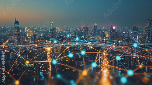 Wallpaper Mural Smart digital Innovation city with connection network reciprocity over the cityscape. of future smart wireless city and social media networking systems that connects business people with in city Torontodigital.ca