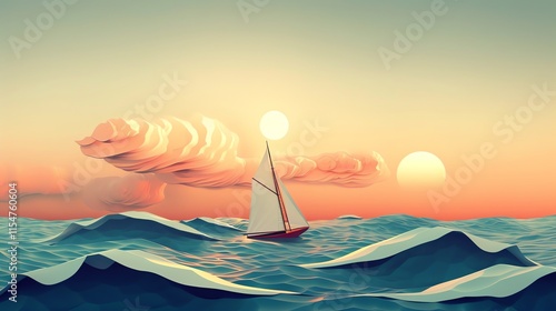 Low poly sailboat on ocean at sunset.