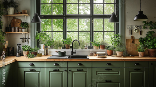 Nature-Inspired Kitchen: A contemporary kitchen with green cabinetry, butcher block countertops, potted herbs, and large windows with views of a garden, photographed under warm natural lighting photo