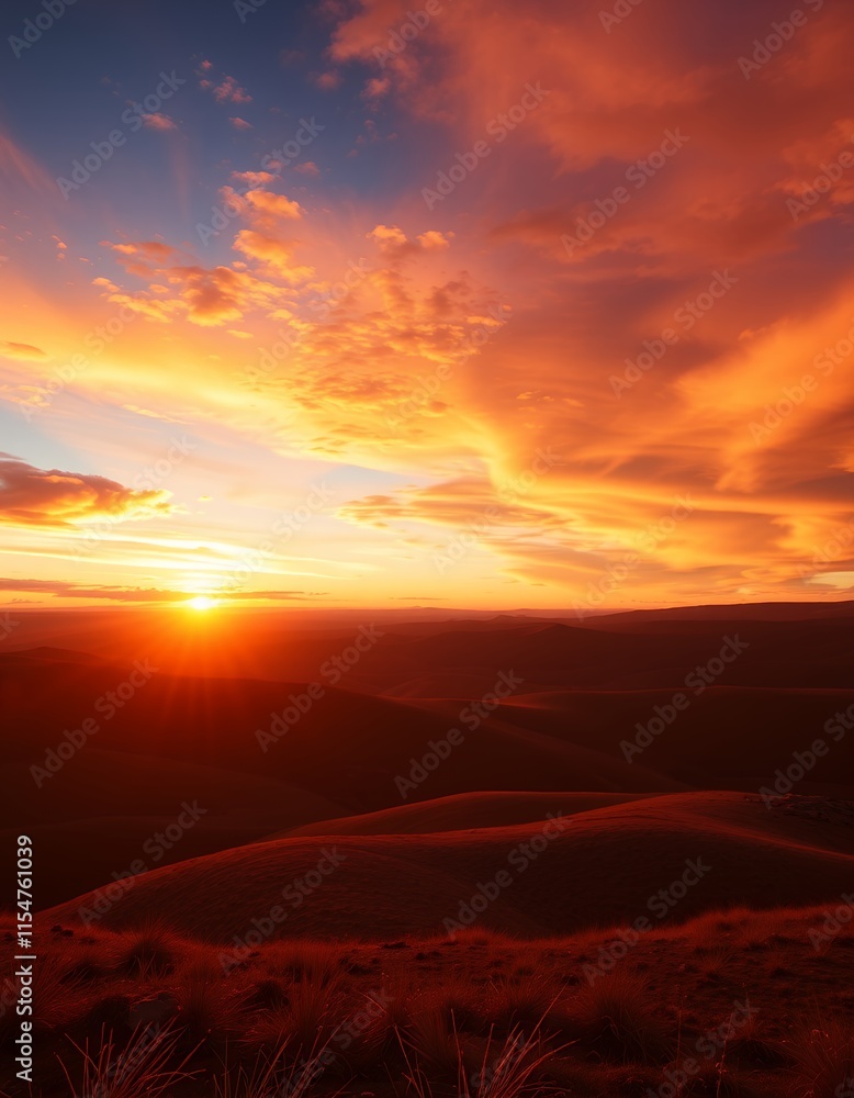 Fiery Sunset Over Rolling Hills Fiery Sunset Over Rolling Hills