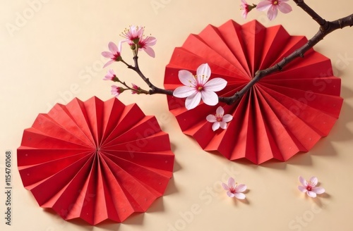 Wallpaper Mural Red paper fans, cherry blossoms on a beige background. Background for Chinese New Year greetings Torontodigital.ca