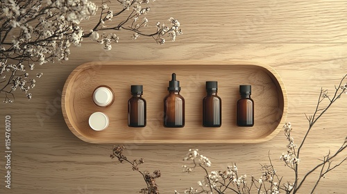 Wallpaper Mural Essential oils and skincare bottles elegantly arranged on a wooden tray with floral decor. Torontodigital.ca