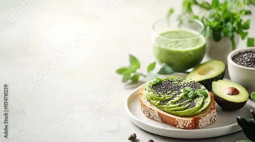 Healthy Avocado Toast with Chia Seeds and Green Smoothie Setup