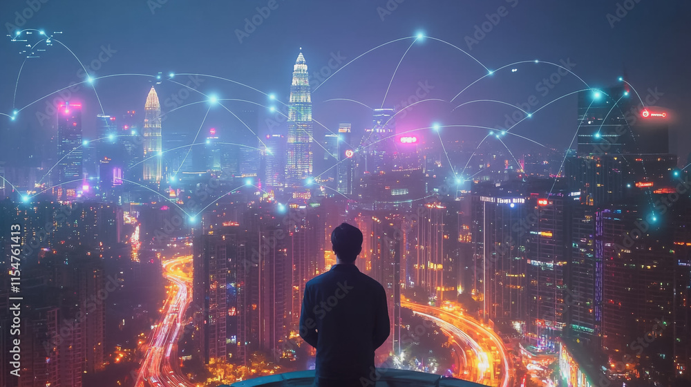 Smart digital Innovation city with connection network reciprocity over the cityscape. of future smart wireless city and social media networking systems that connects business people with in city Smart digital Innovation city with connection network reciprocity over the cityscape. of future smart wireless city and social media networking systems that connects business people with in city