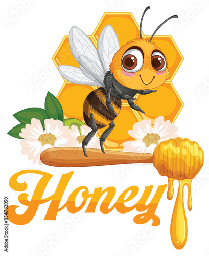 Cute Bee with Honey and Flowers