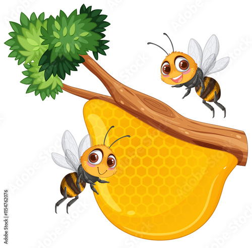 Bees and Honeycomb on Tree Branch