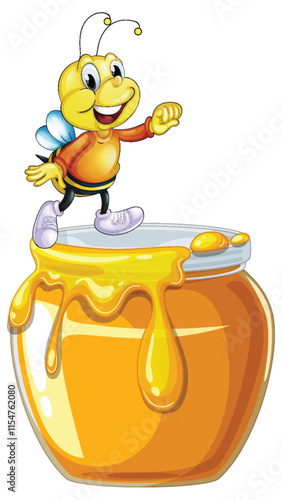 Cheerful Bee on Honey Jar