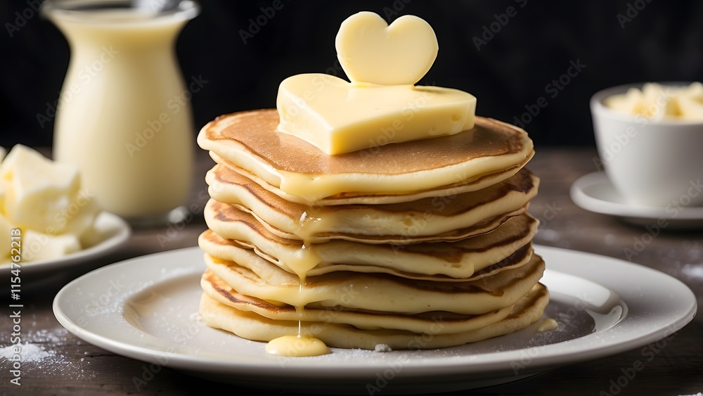 A stack of pancakes topped with a heart-shaped pat of butter, holiday promo poster valentine day sale banner background, vibrant colors, romantic love and harmony A stack of pancakes topped with a heart-shaped pat of butter, holiday promo poster valentine day sale banner background, vibrant colors, romantic love and harmony