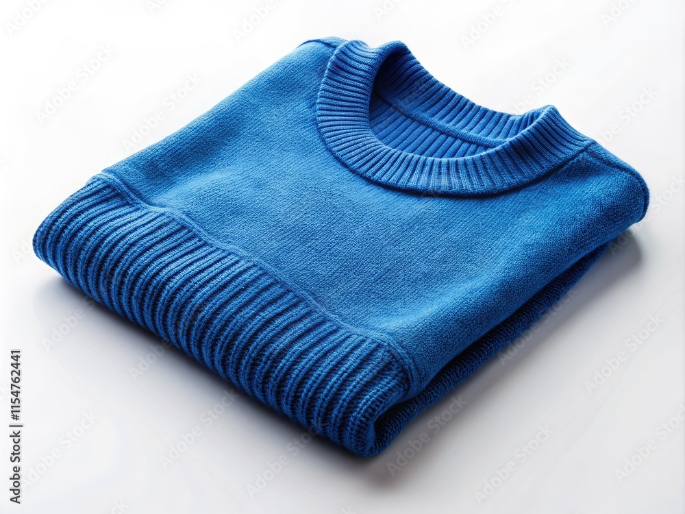 Folded blue wool crewneck sweater, photographed in low light against a stark white background, showcasing its knit detail. Folded blue wool crewneck sweater, photographed in low light against a stark white background, showcasing its knit detail.