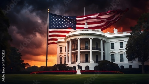 American flag with dark and moody atmosphere, bright and vibrant colors glow against the backdrop of the White house