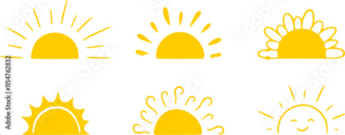 Yellow half sun icons set in doodle style. Hand drawn sunset simple graphic symbols. Summer heat icons. Half round solar element. Vector illustration isolated on white background.