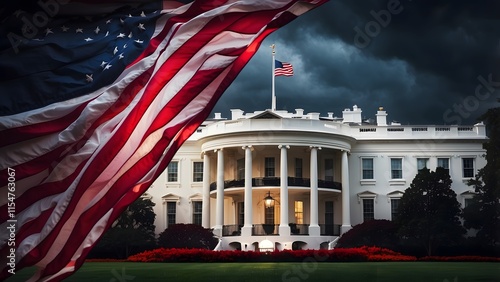 American flag with dark and moody atmosphere, bright and vibrant colors glow against the backdrop of the White house