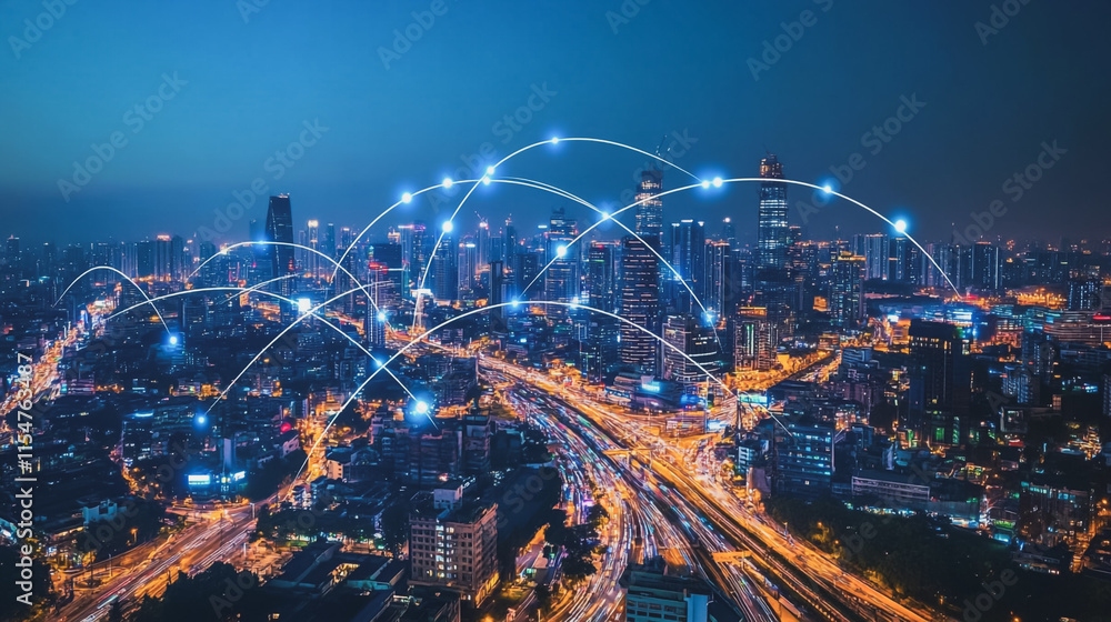 Obraz premium Smart digital Innovation city with connection network reciprocity over the cityscape. of future smart wireless city and social media networking systems that connects business people with in city