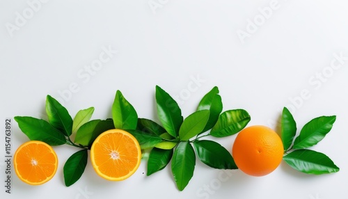 Fresh Orange Slices and Whole Orange Surrounded by Green Leaves on White Background photo