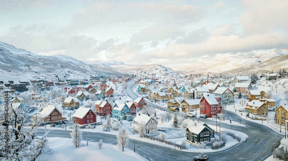 Fototapeta premium Snowy village nestled in a valley.